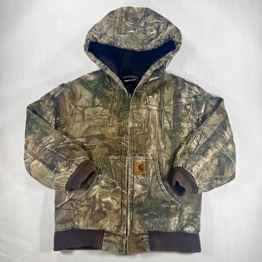 Carhartt Kids RealTree Camo Quilt Lined Hooded Jacket Small 7-8 Brown Cotton